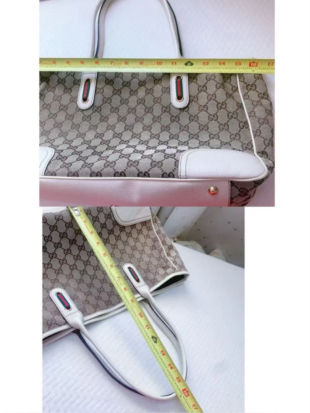 GUCCI GG Canvas Sherry Line Princy White Leather Tote Bag Shoulder Bag Authentic